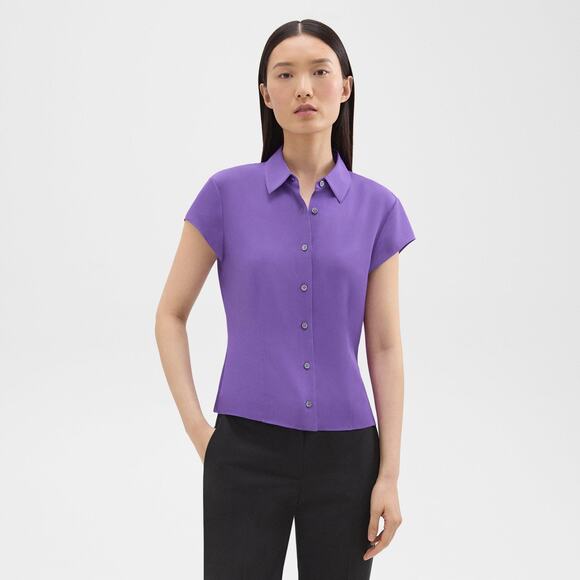 NWT Theory XL Cap Sleeve Blouse Top 100% Silk Georgette Bright Peony Purple - Picture 1 of 13